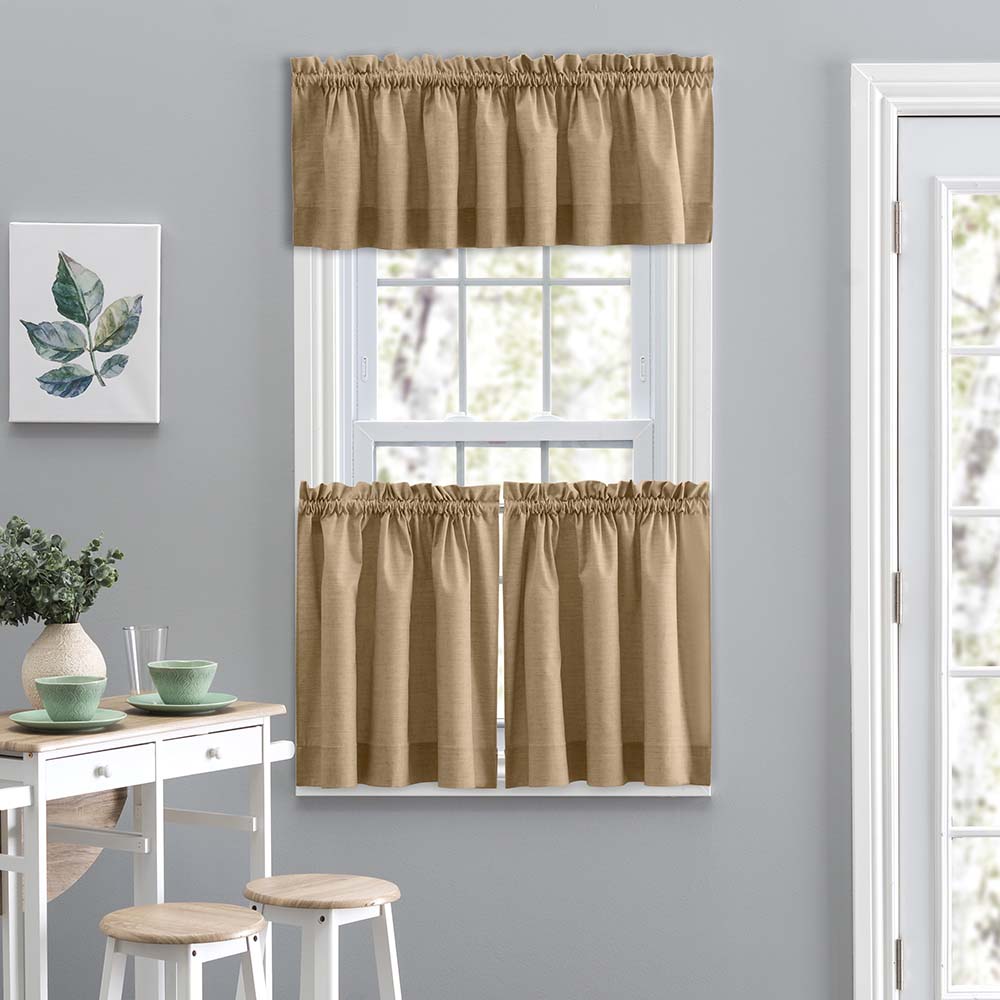 Ellis Lisa Solid Color Poly Cotton Duck Fabric Tailored Tiers 1.5" Rod Pocket Add a Touch of Color to Room Tan