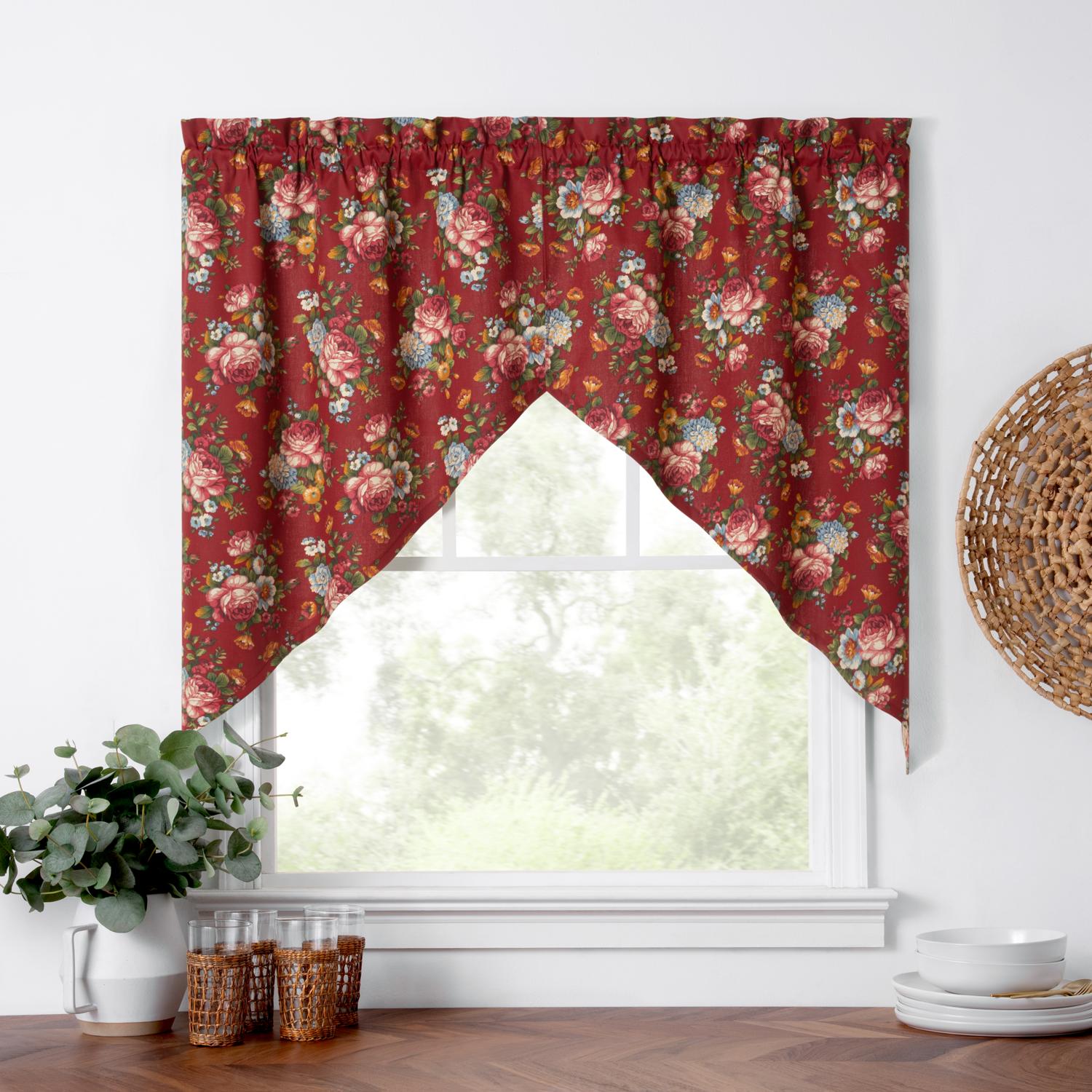 Ellis Bella Rose Stylish Medium Scale Printed Floral Pattern 1.5" Rod Pocket Tailored Swag for Windows 56"x36" Red