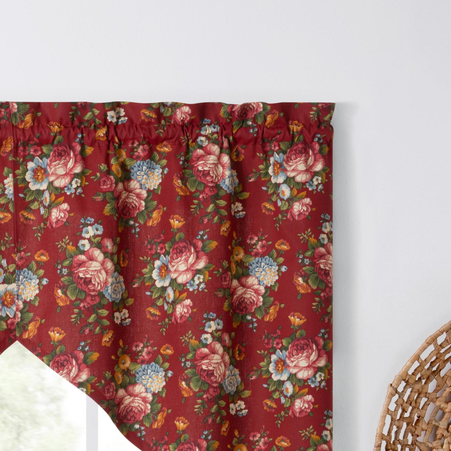 Ellis Bella Rose Stylish Medium Scale Printed Floral Pattern 1.5" Rod Pocket Tailored Swag for Windows 56"x36" Red