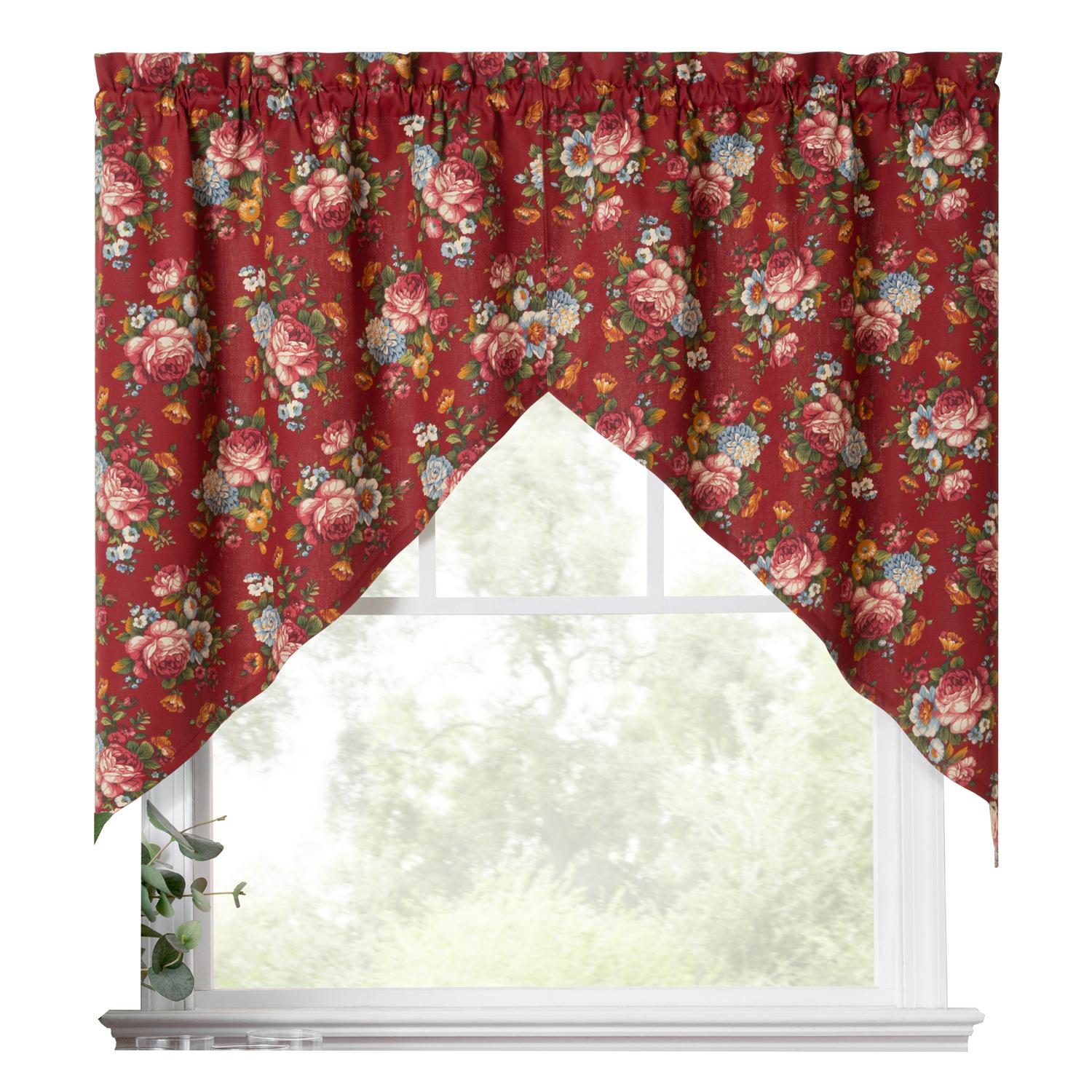 Ellis Bella Rose Stylish Medium Scale Printed Floral Pattern 1.5" Rod Pocket Tailored Swag for Windows 56"x36" Red