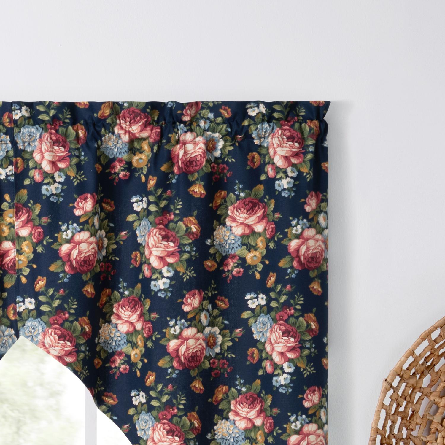 Ellis Bella Rose Stylish Medium Scale Printed Floral Pattern 1.5" Rod Pocket Tailored Swag for Windows 56"x36" Navy