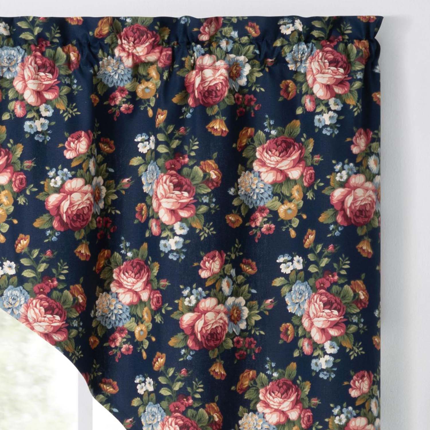 Ellis Bella Rose Stylish Medium Scale Printed Floral Pattern 1.5" Rod Pocket Tailored Swag for Windows 56"x36" Navy