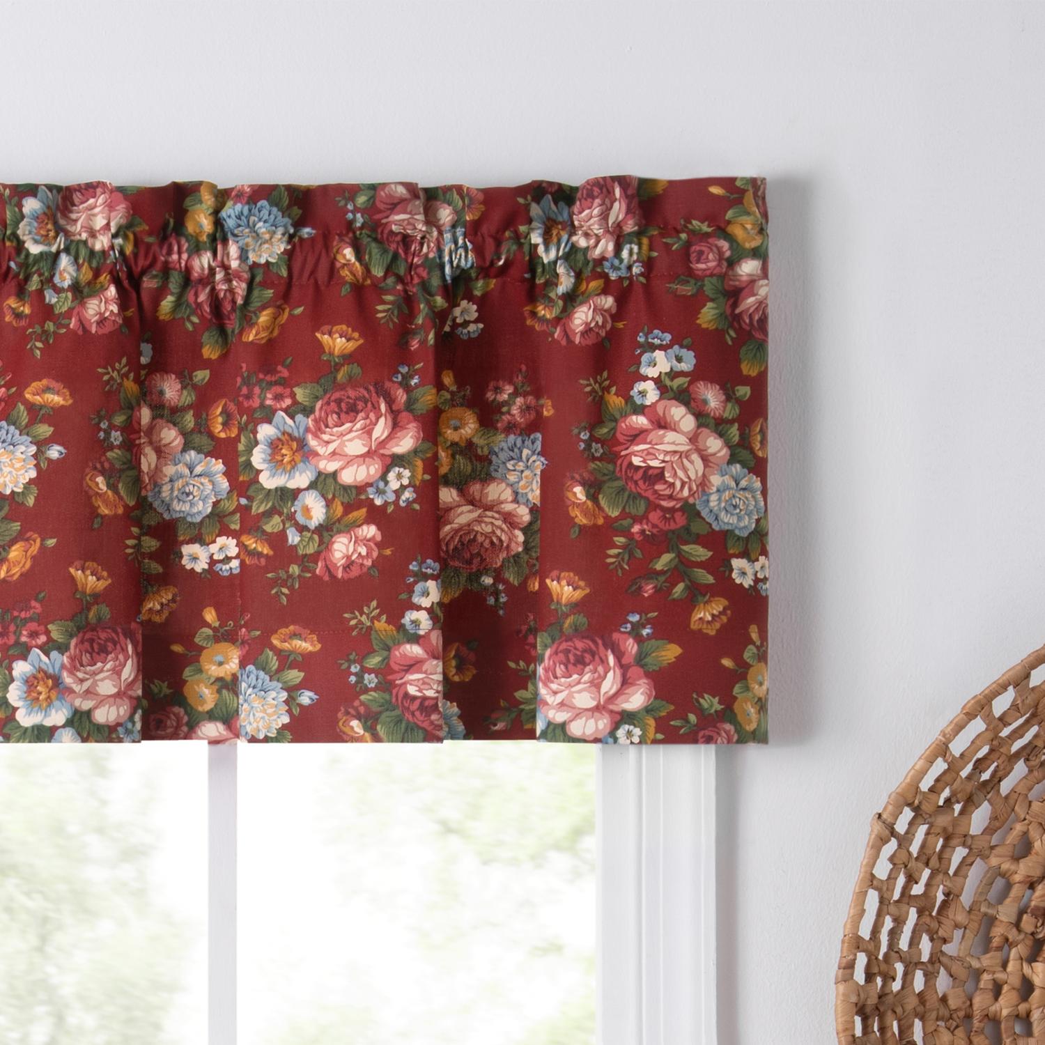 Ellis Bella Rose Stylish Medium Scale Printed Floral Pattern 1.5" Rod Pocket Tailored Valance for Windows 58"x15" Red