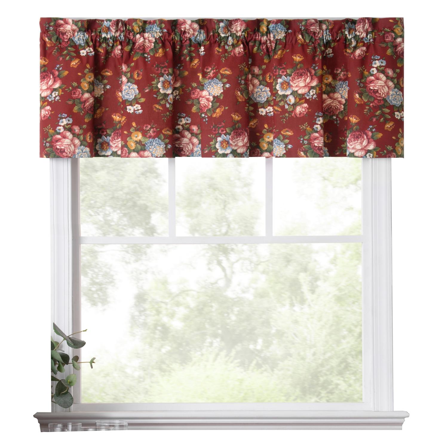 Ellis Bella Rose Stylish Medium Scale Printed Floral Pattern 1.5" Rod Pocket Tailored Valance for Windows 58"x15" Red
