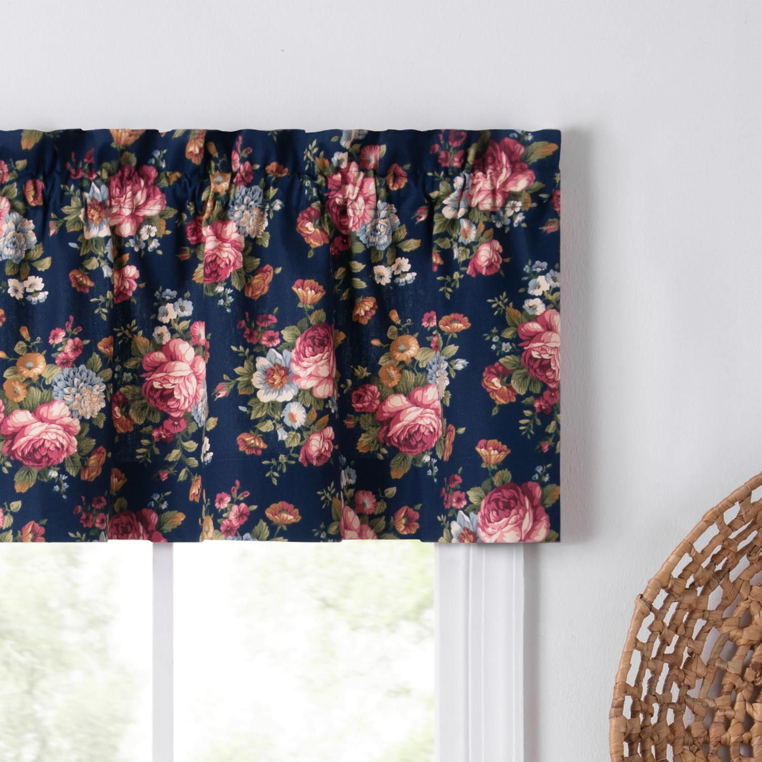 Ellis Bella Rose Stylish Medium Scale Printed Floral Pattern 1.5" Rod Pocket Tailored Valance for Windows 58"x15" Navy