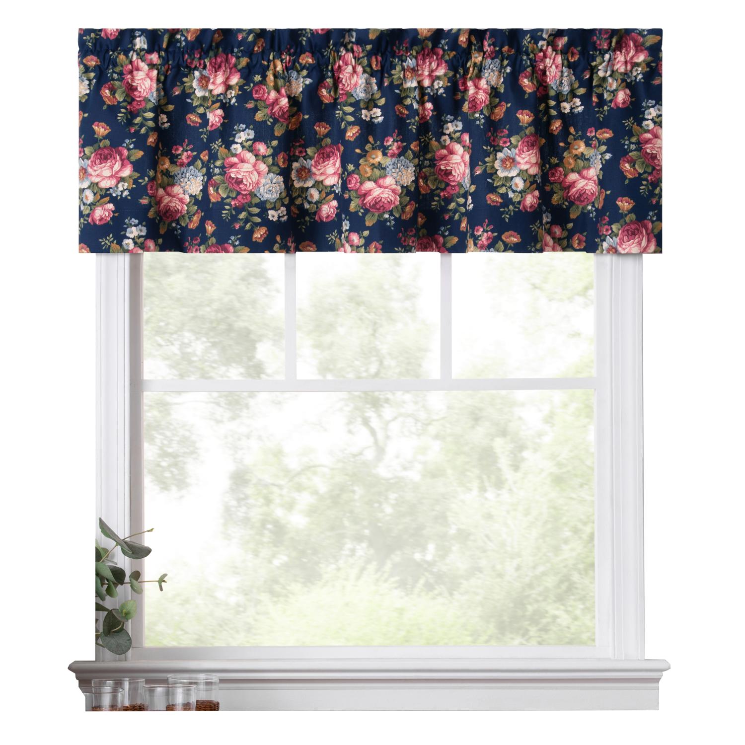 Ellis Bella Rose Stylish Medium Scale Printed Floral Pattern 1.5" Rod Pocket Tailored Valance for Windows 58"x15" Navy