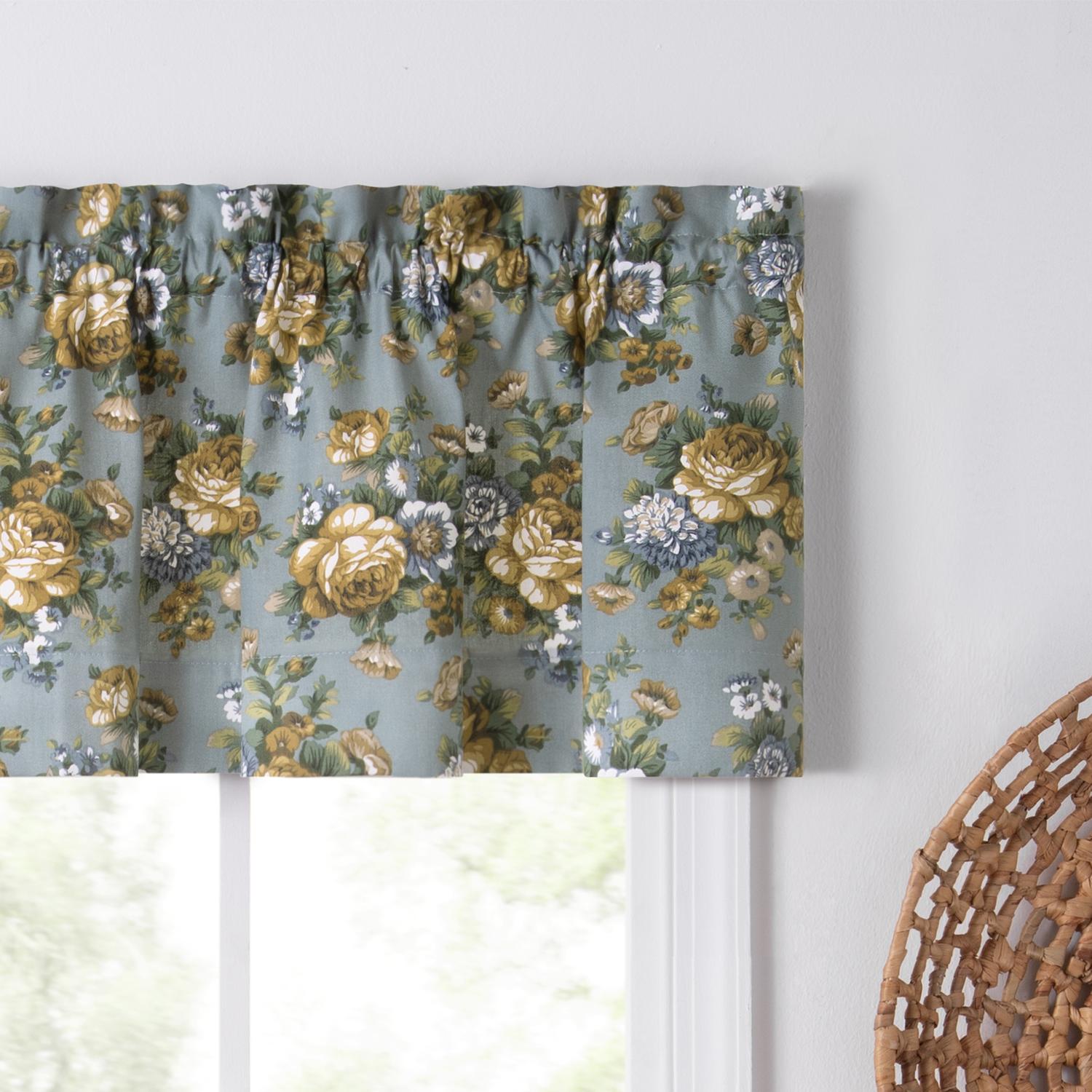 Ellis Bella Rose Stylish Medium Scale Printed Floral Pattern 1.5" Rod Pocket Tailored Valance for Windows 58"x15" Wedge