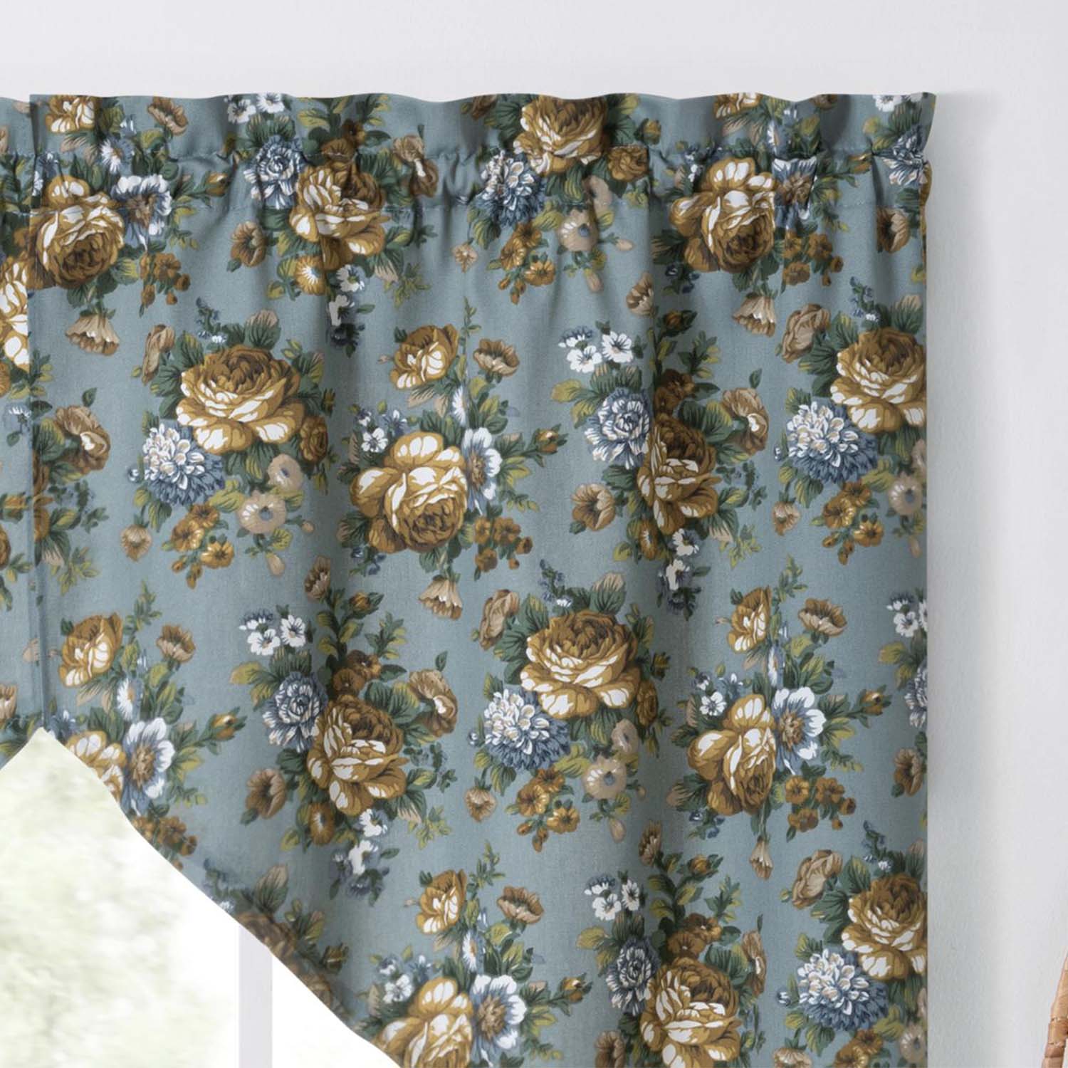 Ellis Bella Rose Stylish Medium Scale Printed Floral Pattern 1.5" Rod Pocket Tailored Swag for Windows 56"x36" Wedge