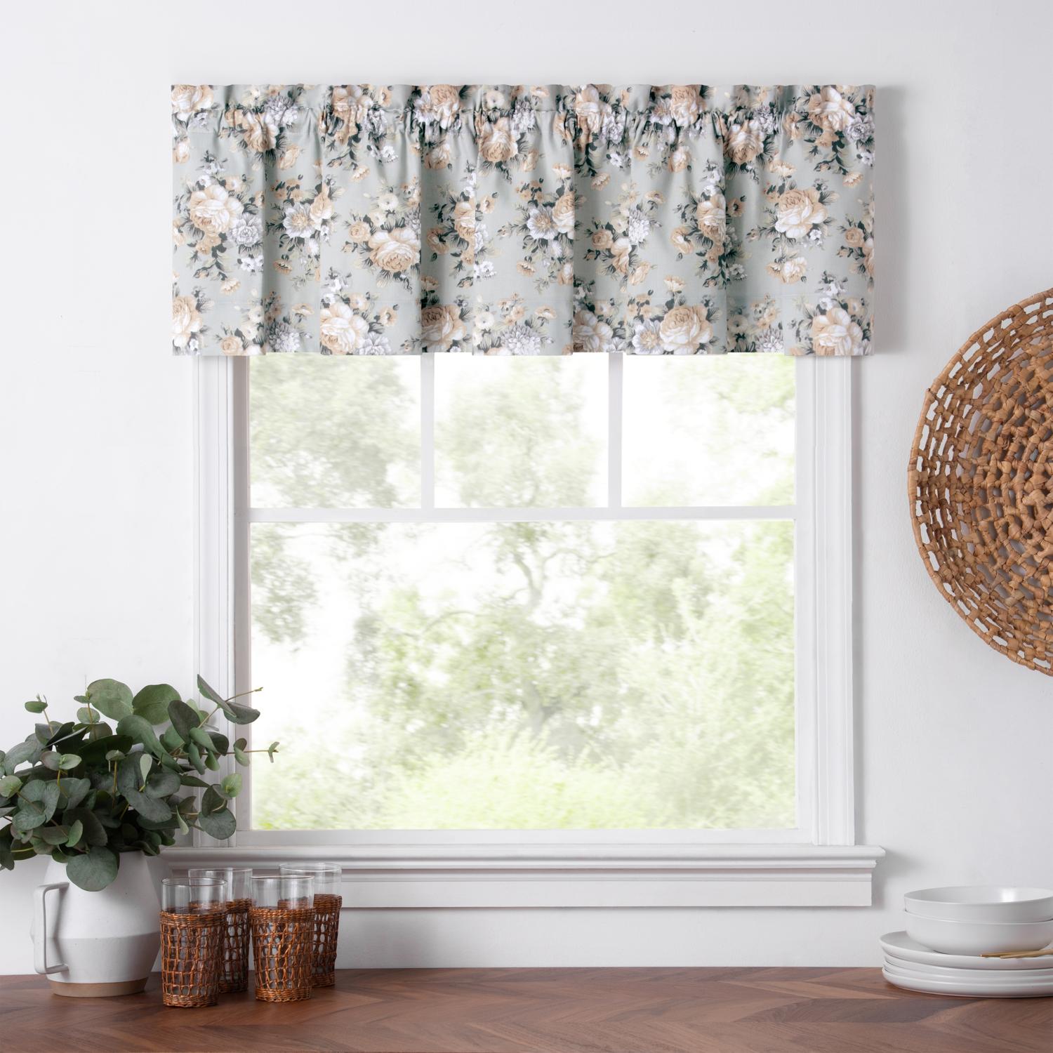 Ellis Bella Rose Stylish Medium Scale Printed Floral Pattern 1.5" Rod Pocket Tailored Valance for Windows 58"x15" Mist