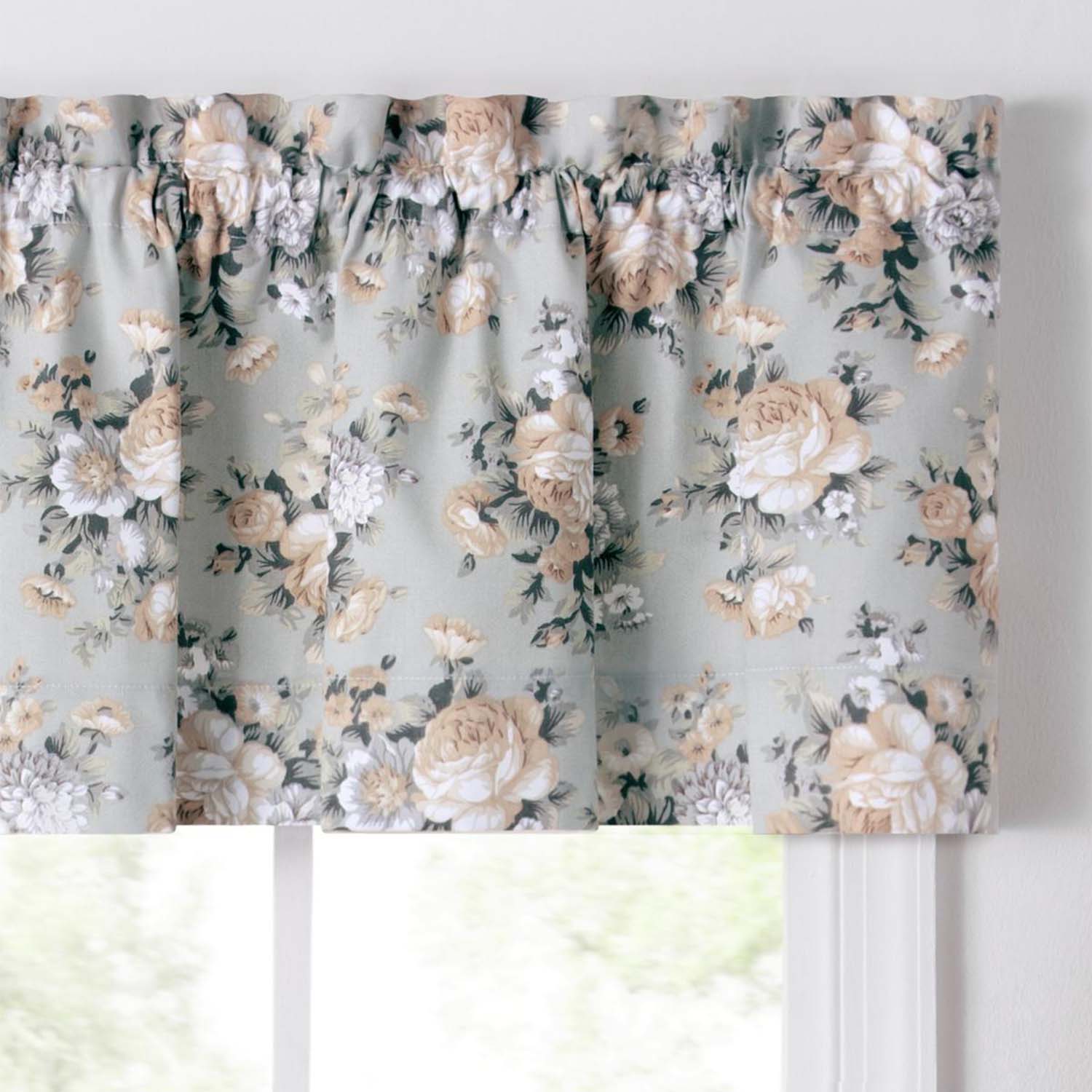 Ellis Bella Rose Stylish Medium Scale Printed Floral Pattern 1.5" Rod Pocket Tailored Valance for Windows 58"x15" Mist