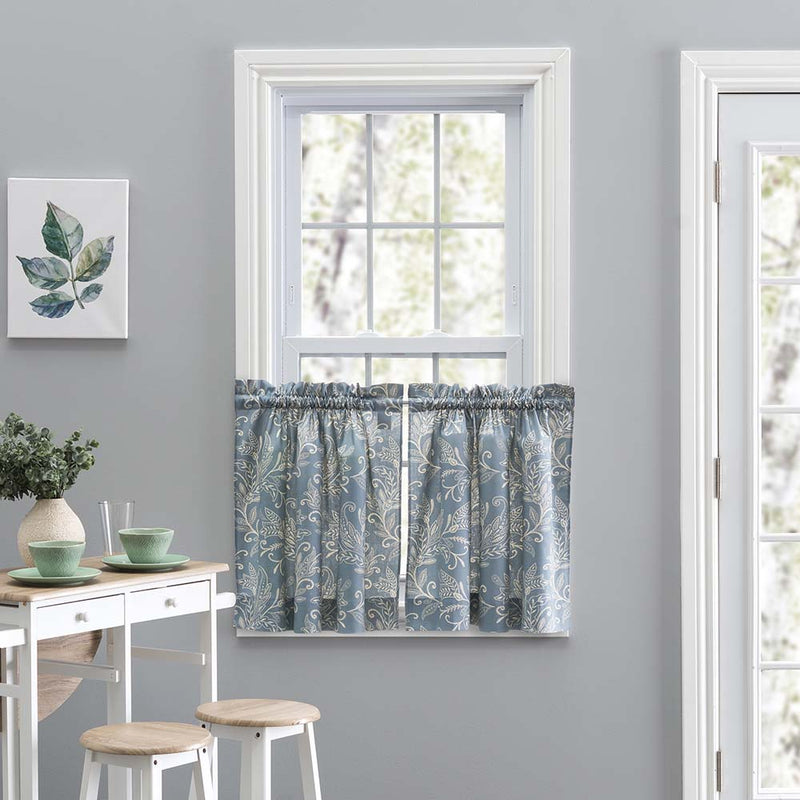 Ellis Curtain Lexington Leaf Pattern on Colored Ground Curtain Tiers  Blue