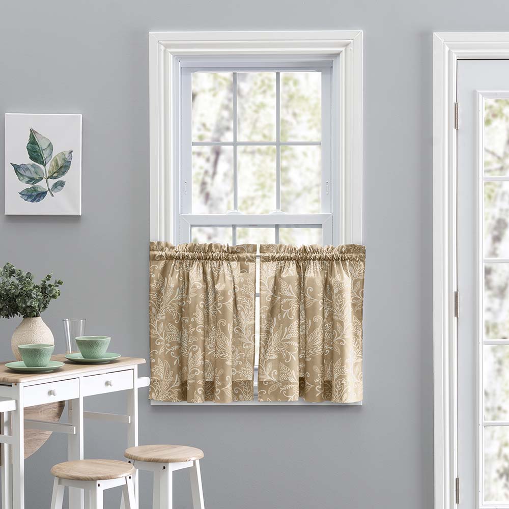 Ellis Curtain Lexington Leaf Pattern on Colored Ground Curtain Tiers Tan