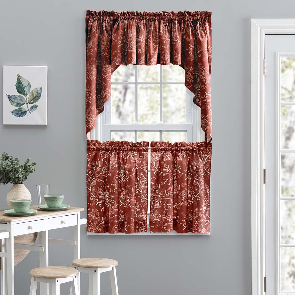 Ellis Curtain Lexington Leaf Pattern on Colored Ground Tailored Swags 56"x36" Brick