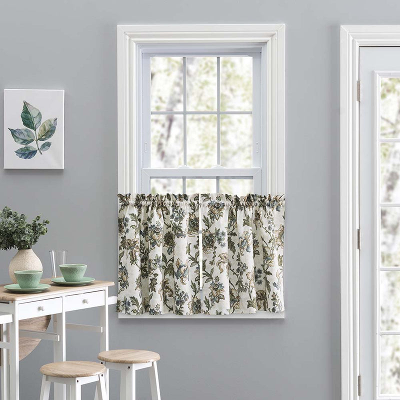 Ellis Curtain Madison Floral Design Printed Natural Ground 1.5" Rod Pocket Tailored Tier Blue