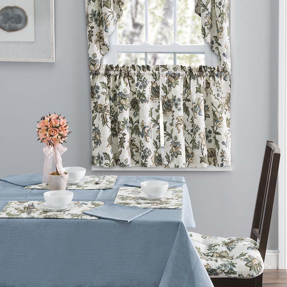 Ellis Curtain Madison Floral Design Printed Natural Ground 1.5" Rod Pocket Tailored Swag 56" x 36" Blue