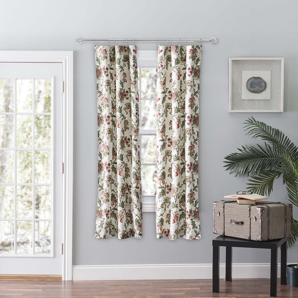 Ellis Curtain Madison Floral Printed Natural Ground Tailored 3" Rod Pocket Panel Pair with Tiebacks Brick