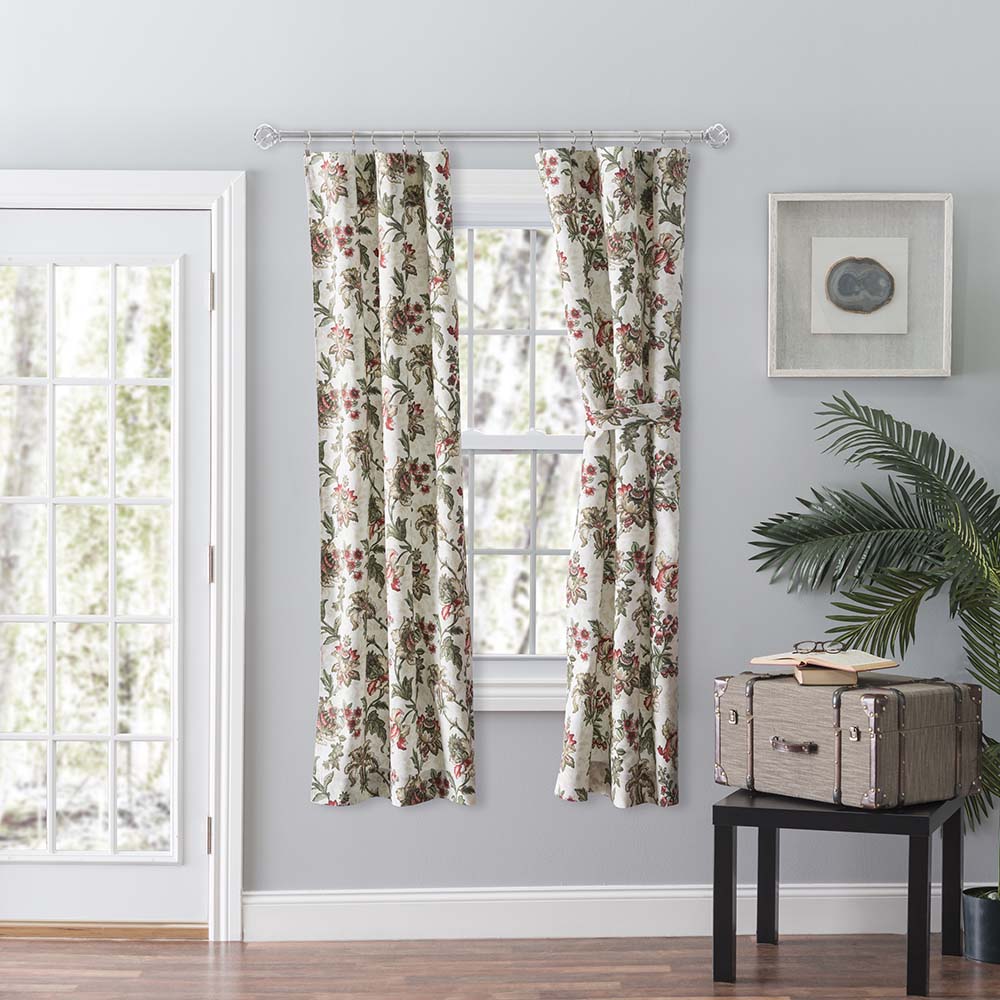 Ellis Curtain Madison Floral Printed Natural Ground Tailored 3" Rod Pocket Panel Pair with Tiebacks Brick