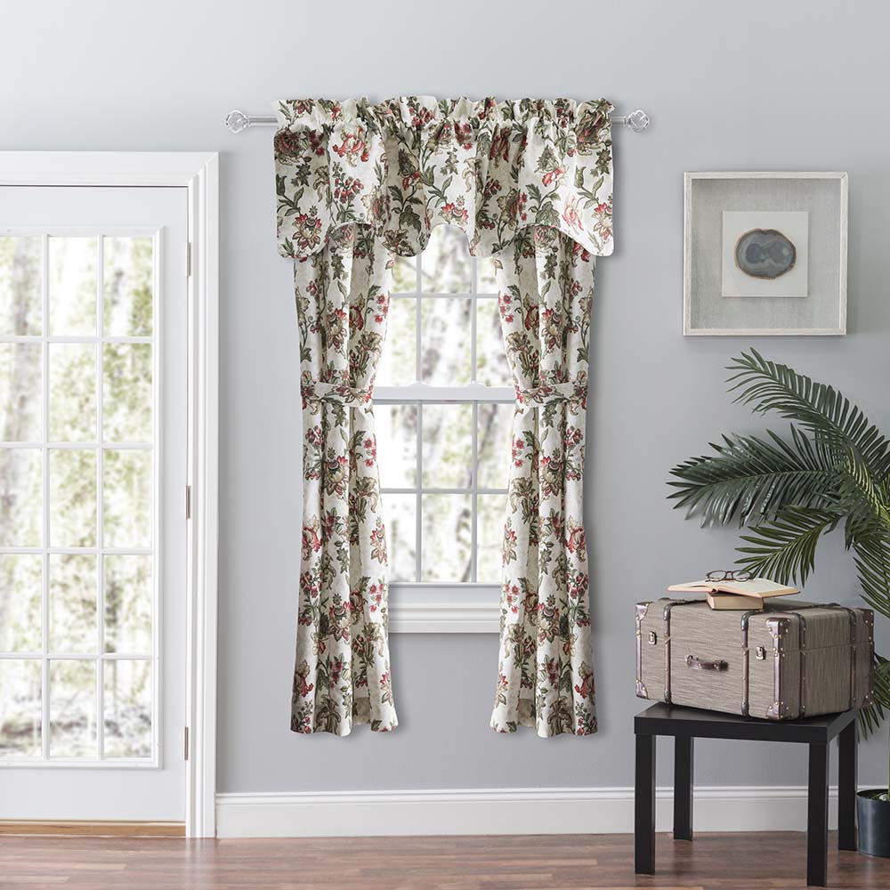 Ellis Curtain Madison Floral Printed Natural Ground Tailored 3" Rod Pocket Panel Pair with Tiebacks Brick