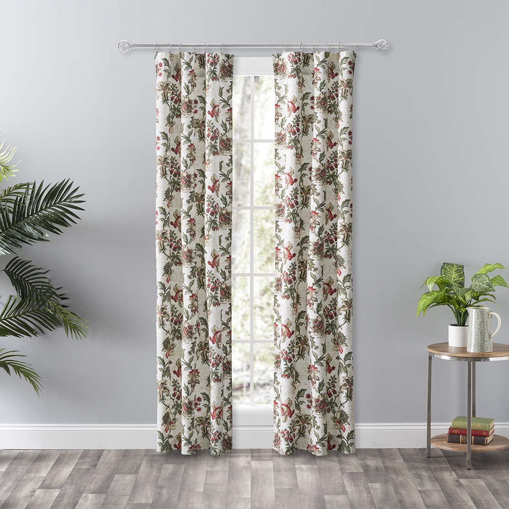 Ellis Curtain Madison Floral Printed Natural Ground Tailored 3" Rod Pocket Panel Pair with Tiebacks Brick