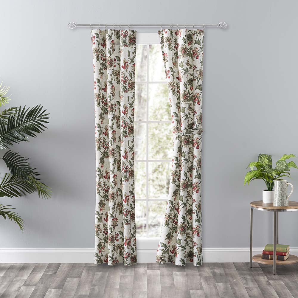 Ellis Curtain Madison Floral Printed Natural Ground Tailored 3" Rod Pocket Panel Pair with Tiebacks Brick