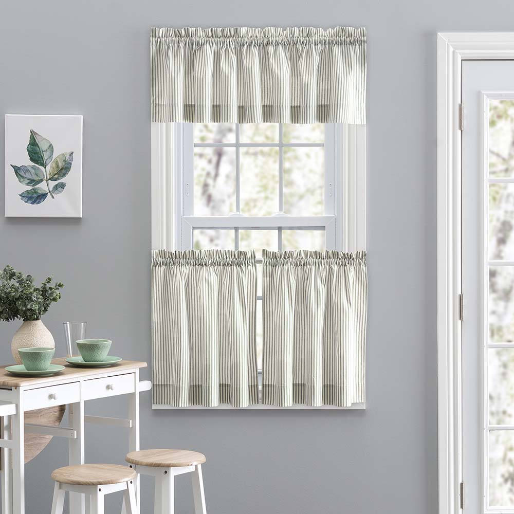Ellis Curtain Plaza Classic Ticking Stripe Printed on 1.5" Rod Pocket Natural Ground Tailored Valance 58" x 15" Sage