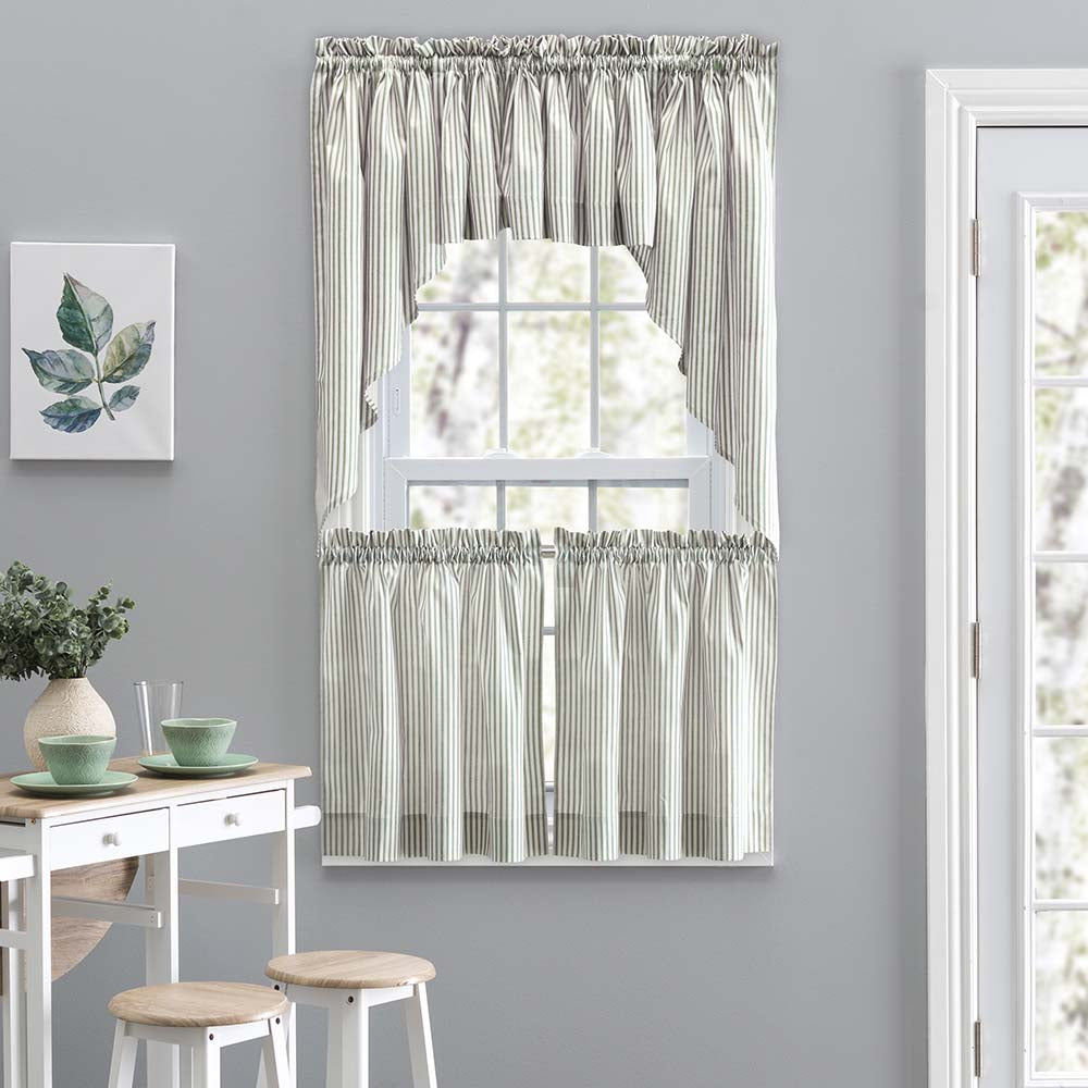 Ellis Curtain Plaza Classic Ticking Stripe Printed on 1.5" Rod Pocket Natural Ground Tailored Valance 58" x 15" Sage