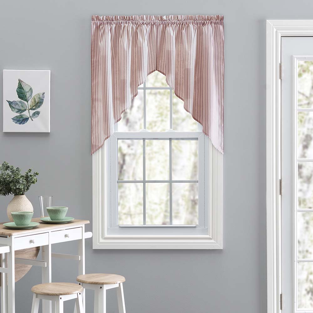 Ellis Curtain Plaza Classic Ticking Stripe Printed on Natural Ground 1.5" Rod Pocket Tailored Swag 56" x 36" Brick