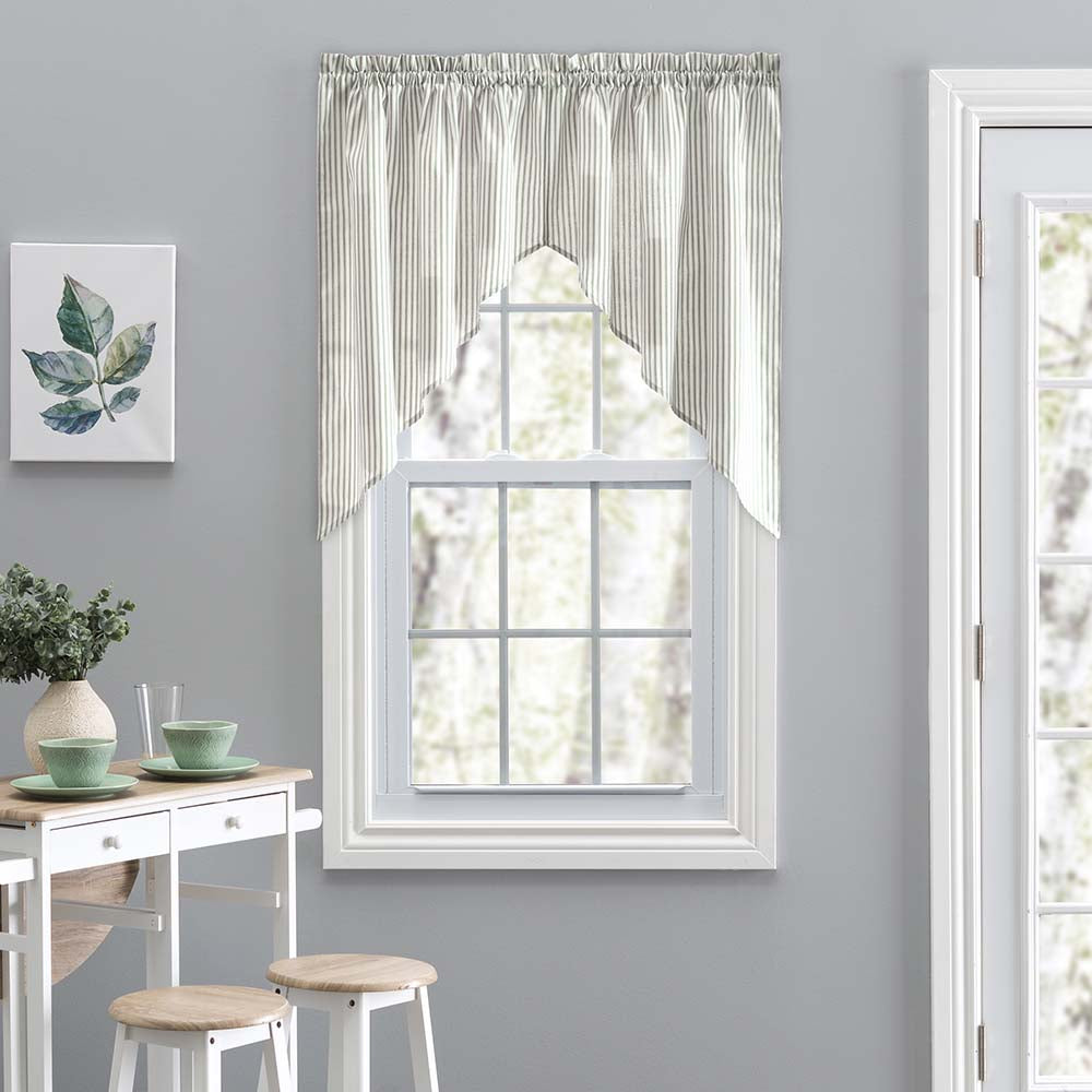 Ellis Curtain Plaza Classic Ticking Stripe Printed on 1.5" Rod Pocket Natural Ground Tailored Swag 56" x 36" Sage