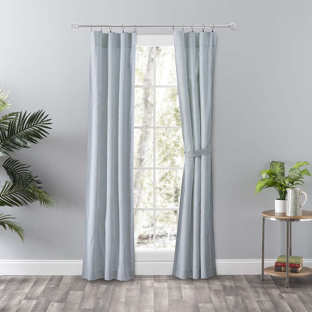 Ellis Curtain Plaza Classic Ticking Stripe Printed on Natural Ground 3" Rod Pocket Tailored Panel Pair Blue