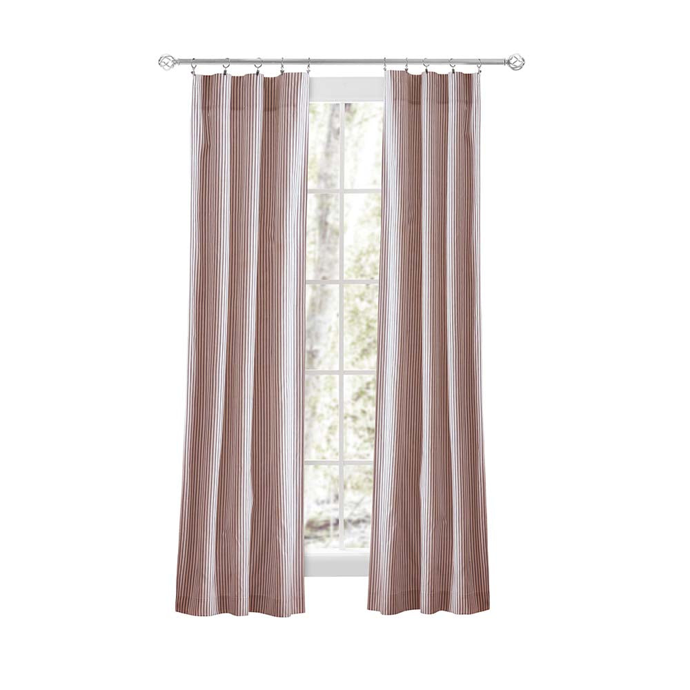 Ellis Curtain Plaza Classic Ticking Stripe Printed on Natural Ground Tailored Panel Pair with Tiebacks Brick