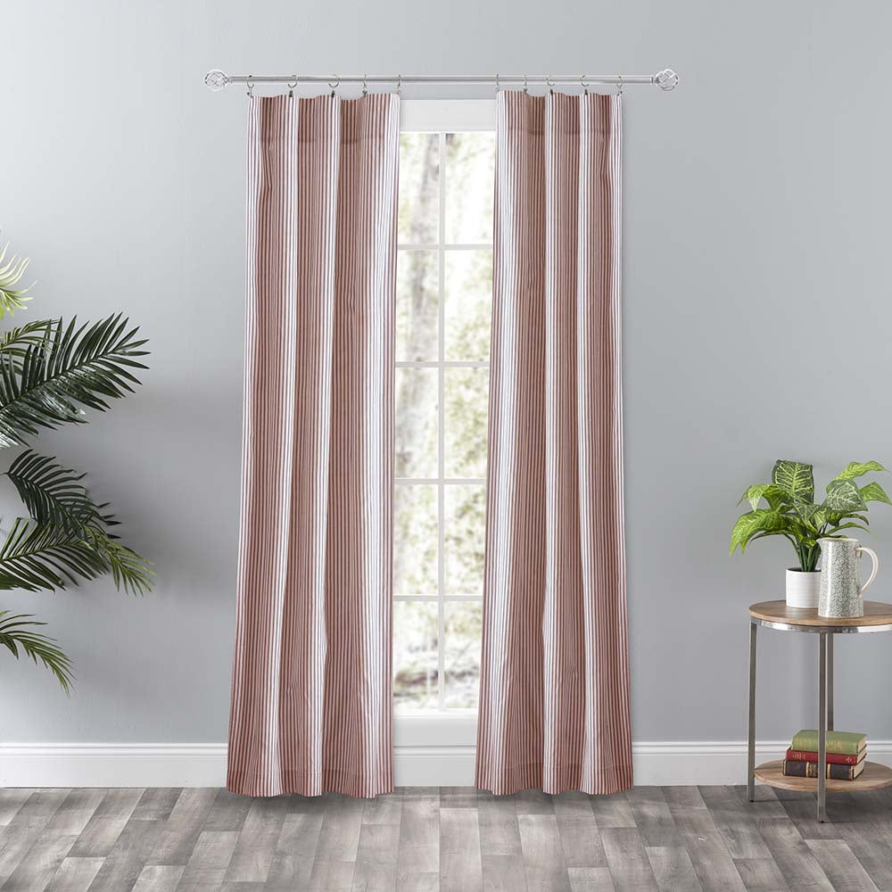 Ellis Curtain Plaza Classic Ticking Stripe Printed on Natural Ground Tailored Panel Pair with Tiebacks Brick