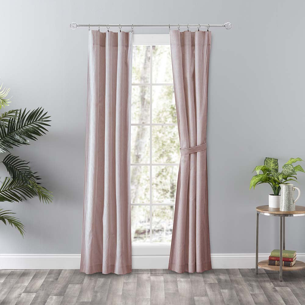 Ellis Curtain Plaza Classic Ticking Stripe Printed on Natural Ground Tailored Panel Pair with Tiebacks Brick