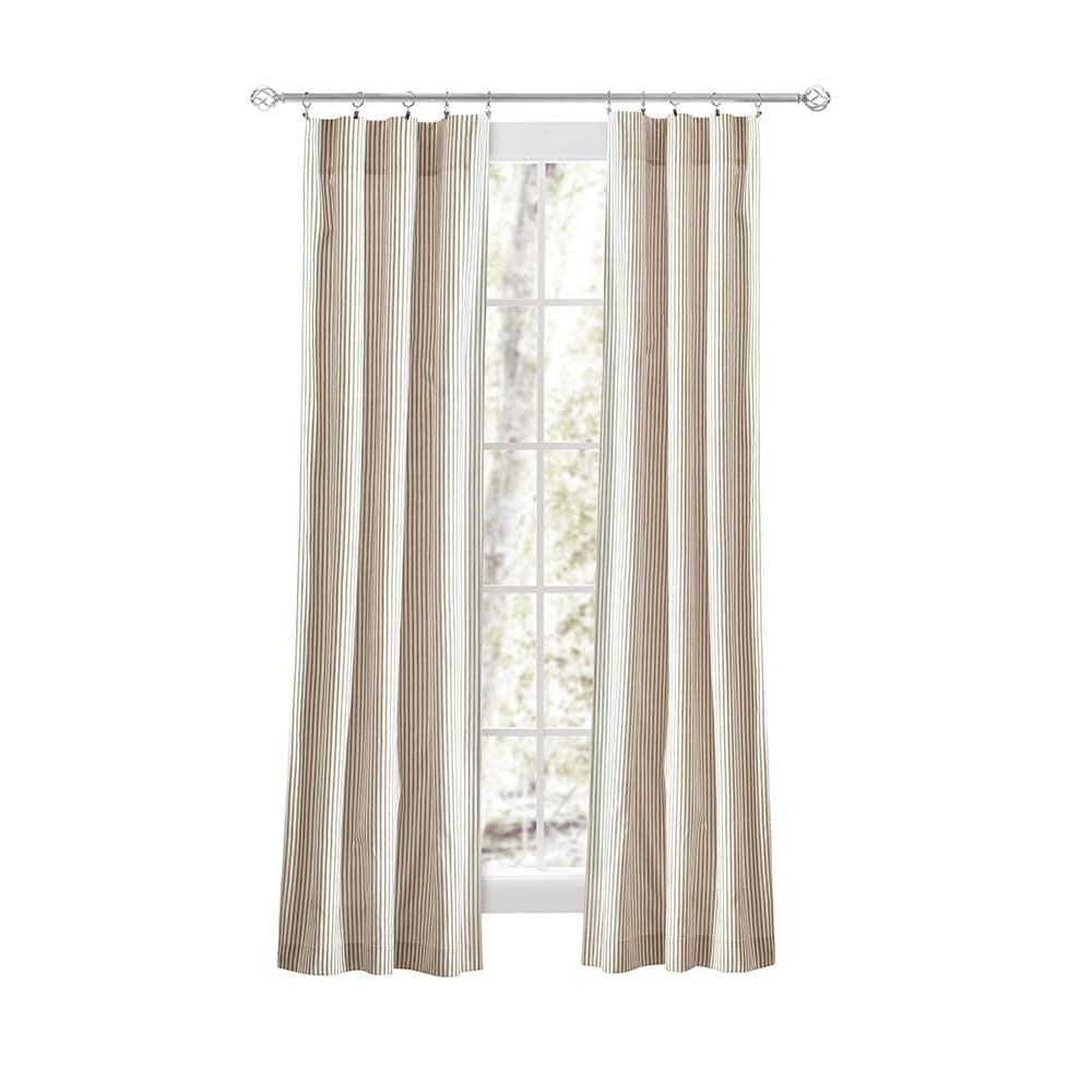 Ellis Curtain Plaza Classic Ticking Stripe Printed 3" Rod Pocket Tailored Panel Pair with Tiebacks Tan
