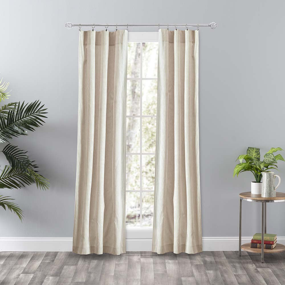 Ellis Curtain Plaza Classic Ticking Stripe Printed 3" Rod Pocket Tailored Panel Pair with Tiebacks Tan