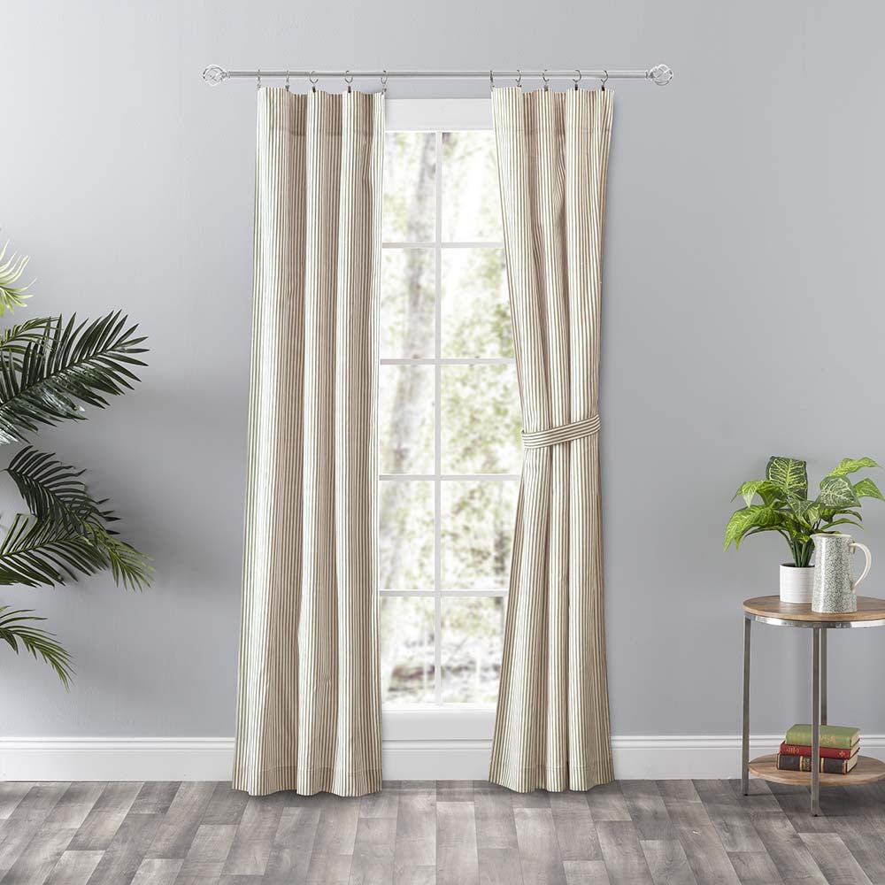 Ellis Curtain Plaza Classic Ticking Stripe Printed 3" Rod Pocket Tailored Panel Pair with Tiebacks Tan