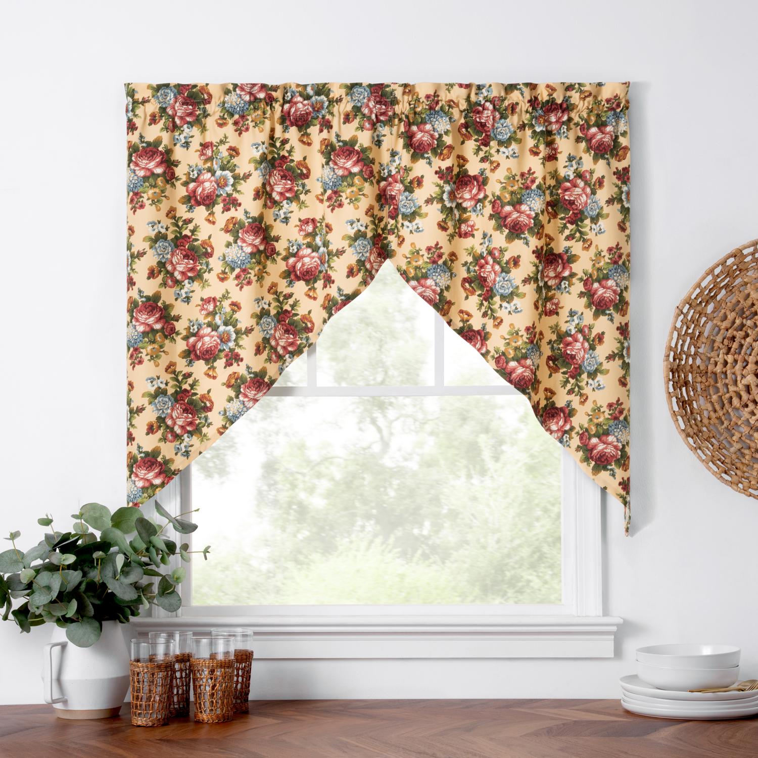 Ellis Bella Rose Stylish Medium Scale Printed Floral Pattern 1.5" Rod Pocket Tailored Swag for Windows 56"x36" Butter