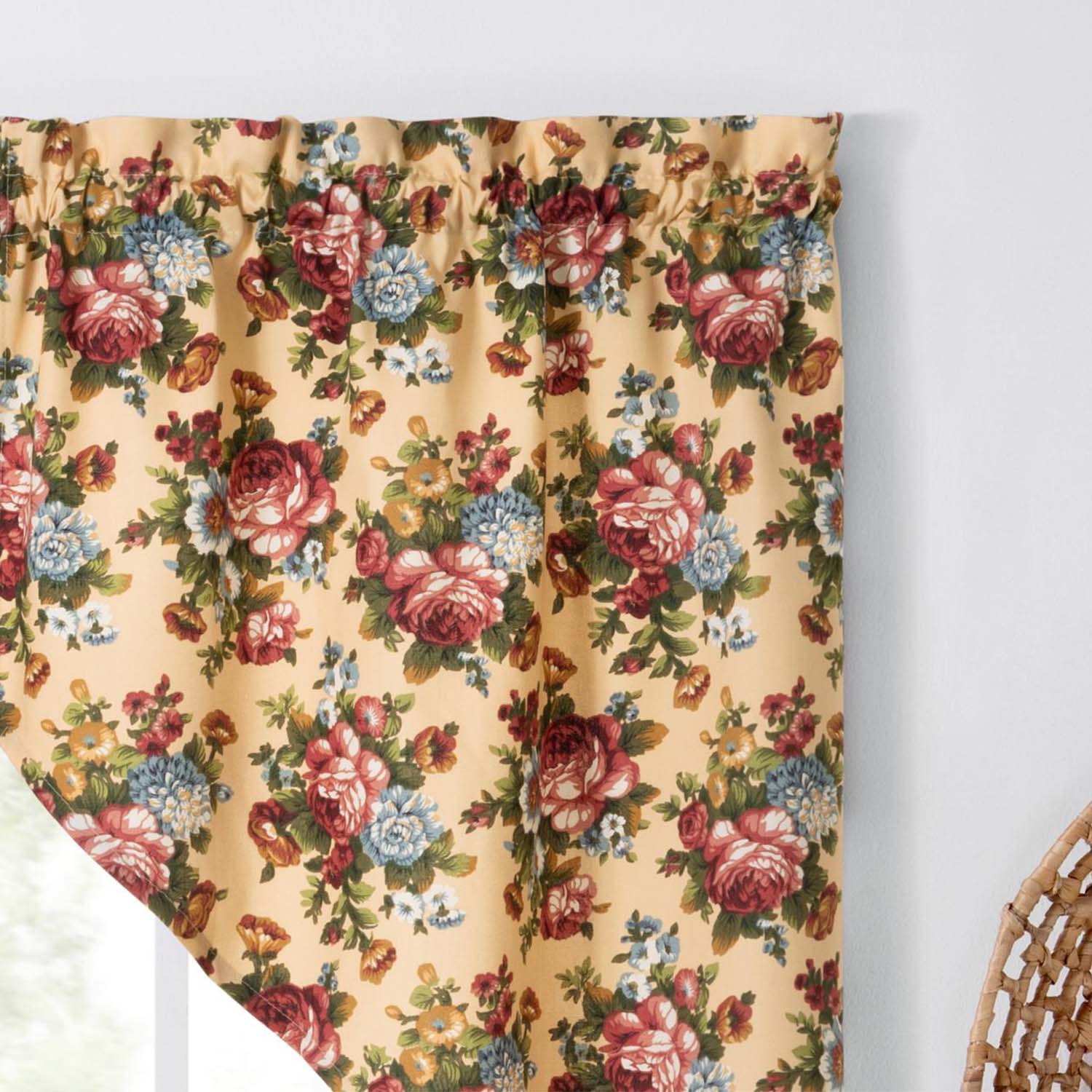 Ellis Bella Rose Stylish Medium Scale Printed Floral Pattern 1.5" Rod Pocket Tailored Swag for Windows 56"x36" Butter