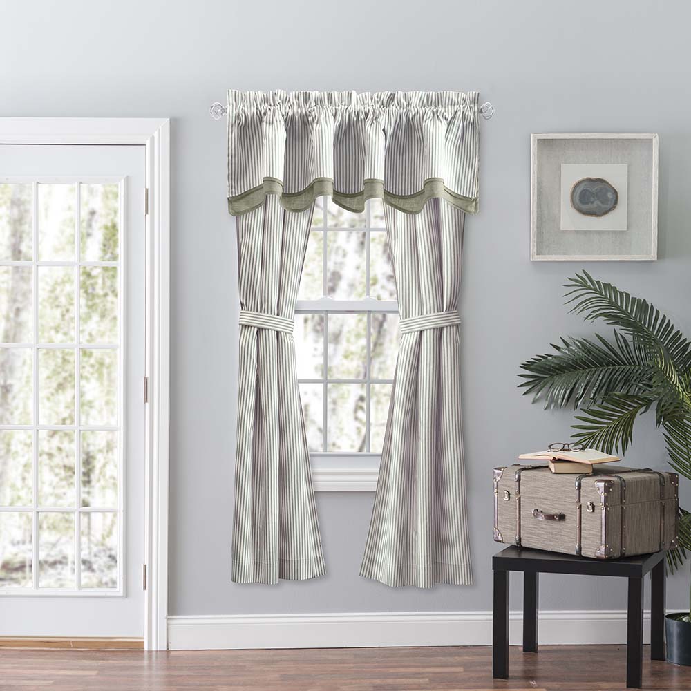 Ellis Curtain Plaza Classic Ticking Stripe Printed 3" Rod Pocket Double Layer Bradford Valance 58" x 15" Sage