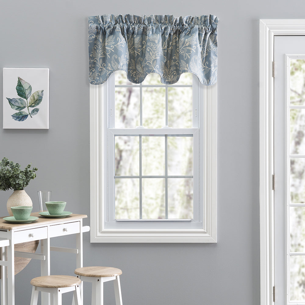 Ellis Curtain Lexington Leaf Pattern on Colored Ground Scallop Valance 58"x15" Blue