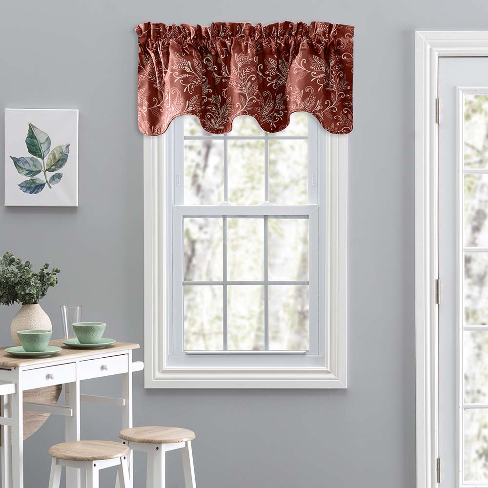 Ellis Curtain Lexington Leaf Pattern on Colored Ground Scallop Valance 58"x15" Brick