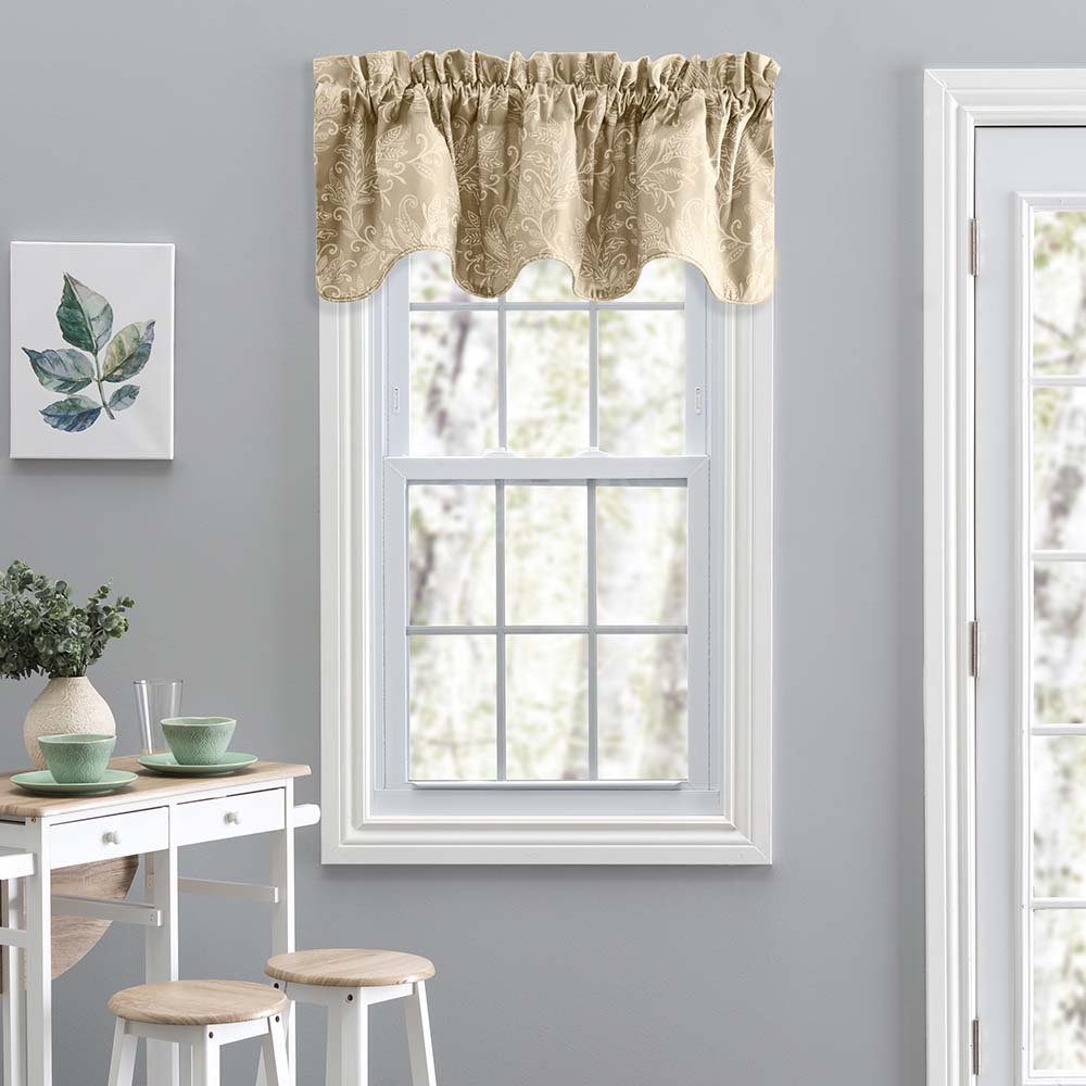 Ellis Curtain Lexington Leaf Pattern on Colored Ground Scallop Valance 58"x15" Tan