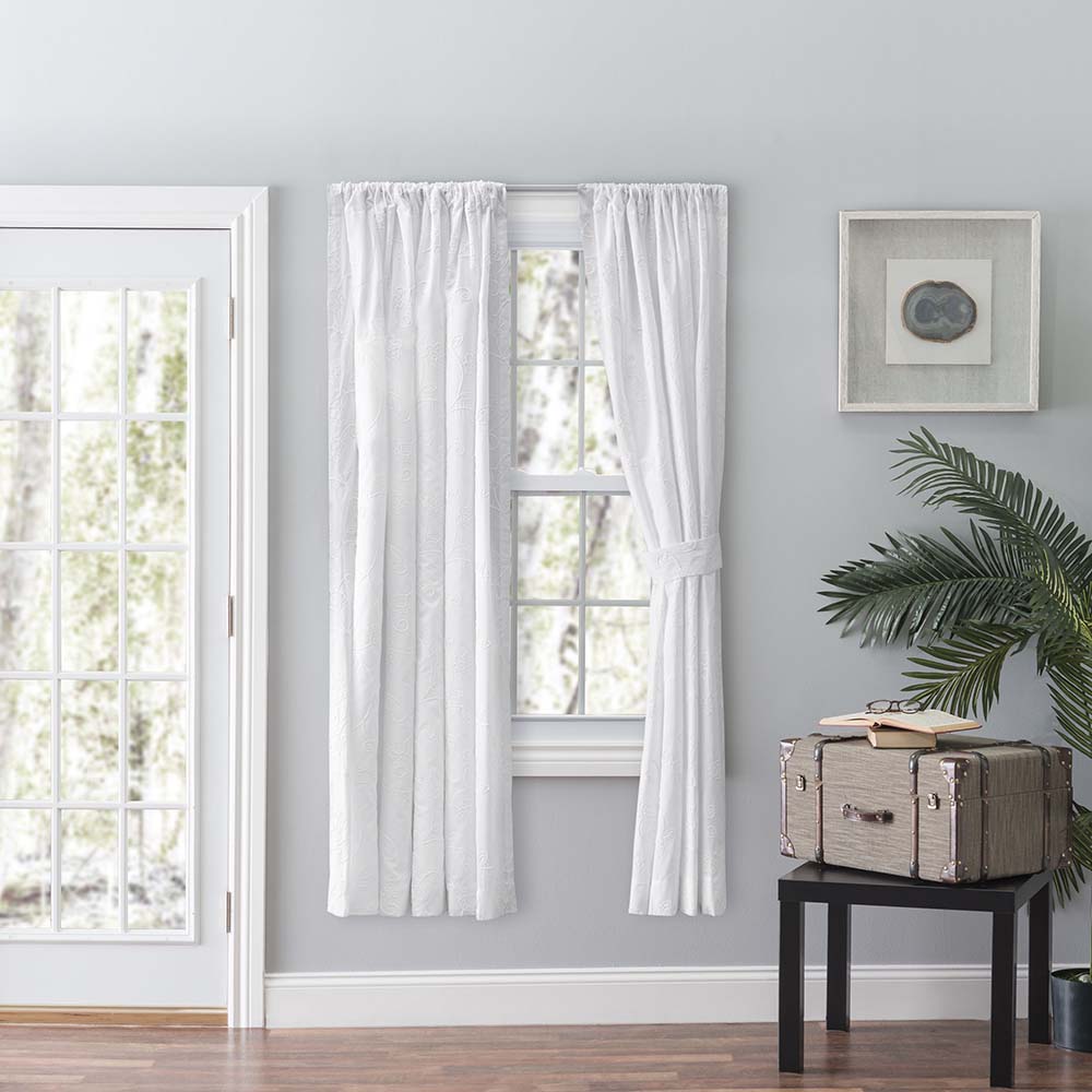 Ellis Eva Candlewick Floral High Quality Embroidery Tailored Panel Pair 3" Rod Pocket White