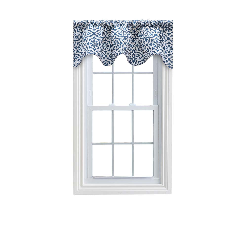 Ellis Athens Printed Tile Design on a Ground 3" Rod Pocket Premium Scallop Valance Lined 50"x16" Navy