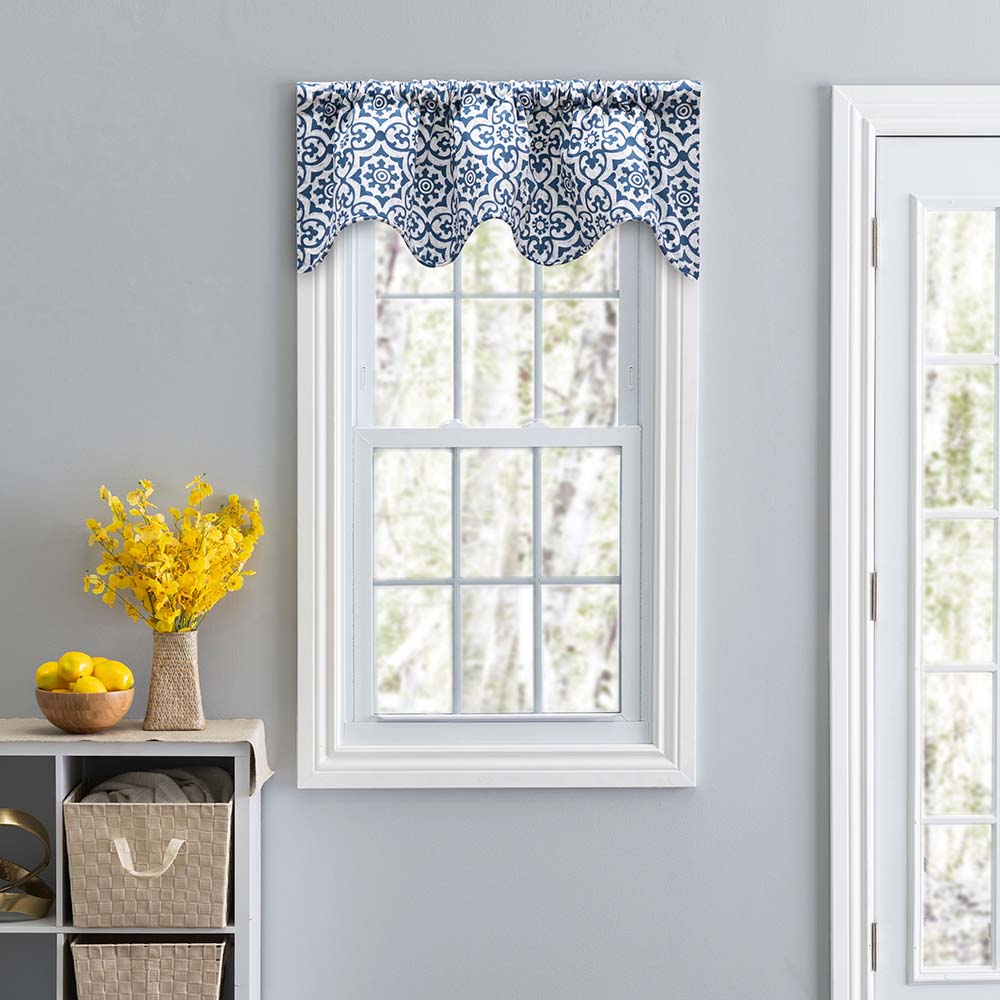 Ellis Athens Printed Tile Design on a Ground 3" Rod Pocket Premium Scallop Valance Lined 50"x16" Navy
