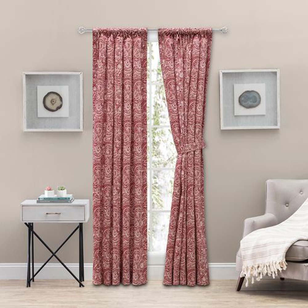 Ellis Segovia Printed Paisley Pattern on Ground 3" Rod Pocket Tailored Pairs with Ties Red