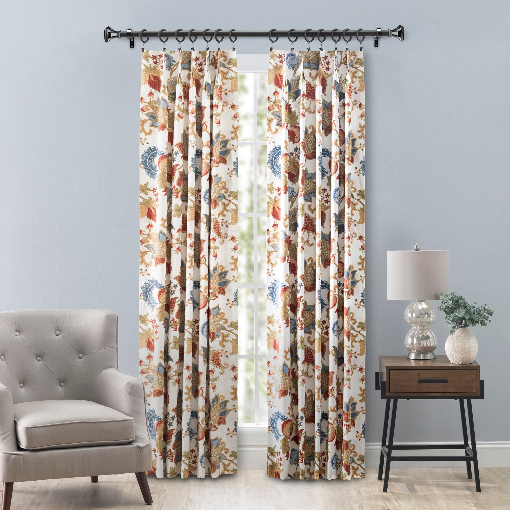 Ellis Cambridge Lined Jacquard Pinch Pleat Jacobean Floral Print Multicolor Drapery 2-Piece Curtain Panels