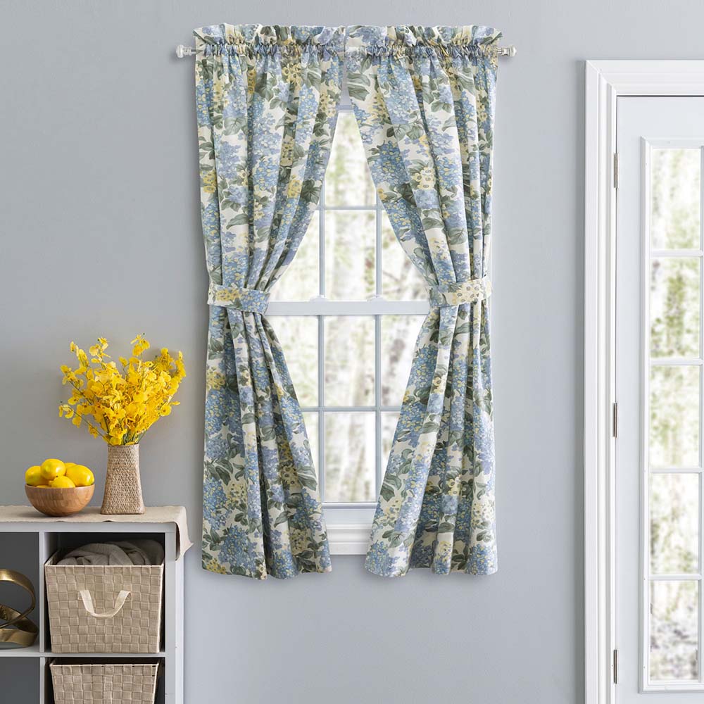 Ellis Hydrangea Classic Pattern Printed 1.5" Rod Pocket Window Tailored Pair with Ties Blue
