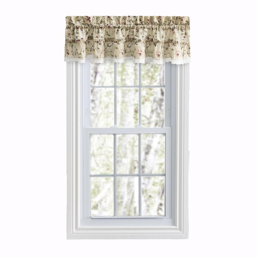 Ellis Curtain Cherries Ruffled 1.5" Rod Pocket Valance for Windows 52" x 12" Natural