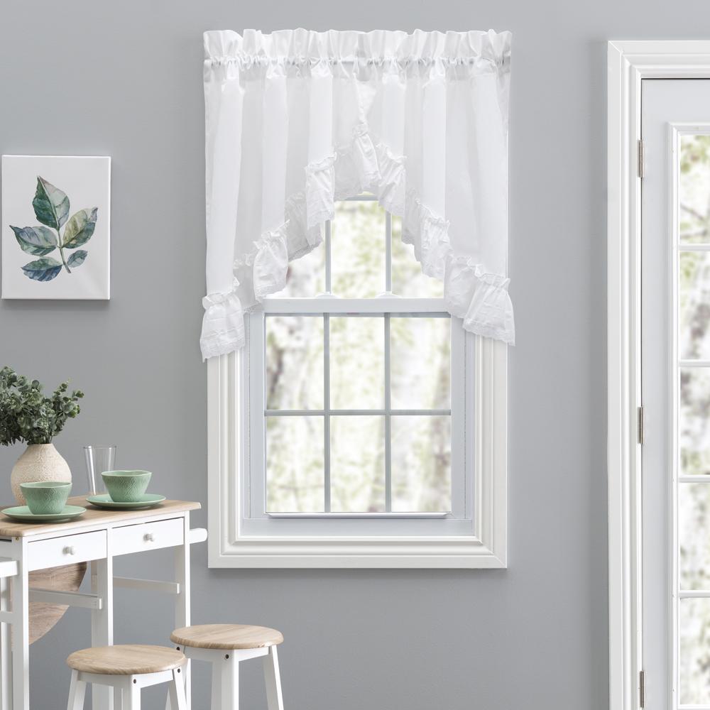 Ellis Curtain Madelyn Ruflled Victorian 1.5" Rod Pocket Swag for Windows Lace Edge 82" x 38" White