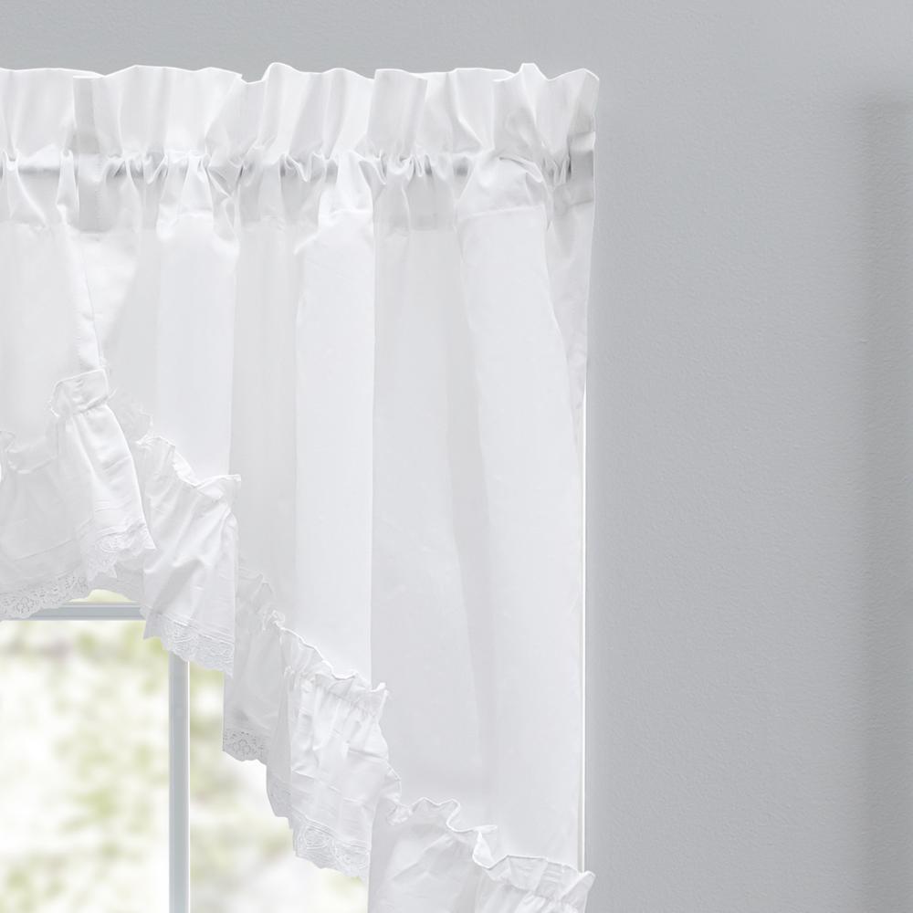 Ellis Curtain Madelyn Ruflled Victorian 1.5" Rod Pocket Swag for Windows Lace Edge 82" x 38" White